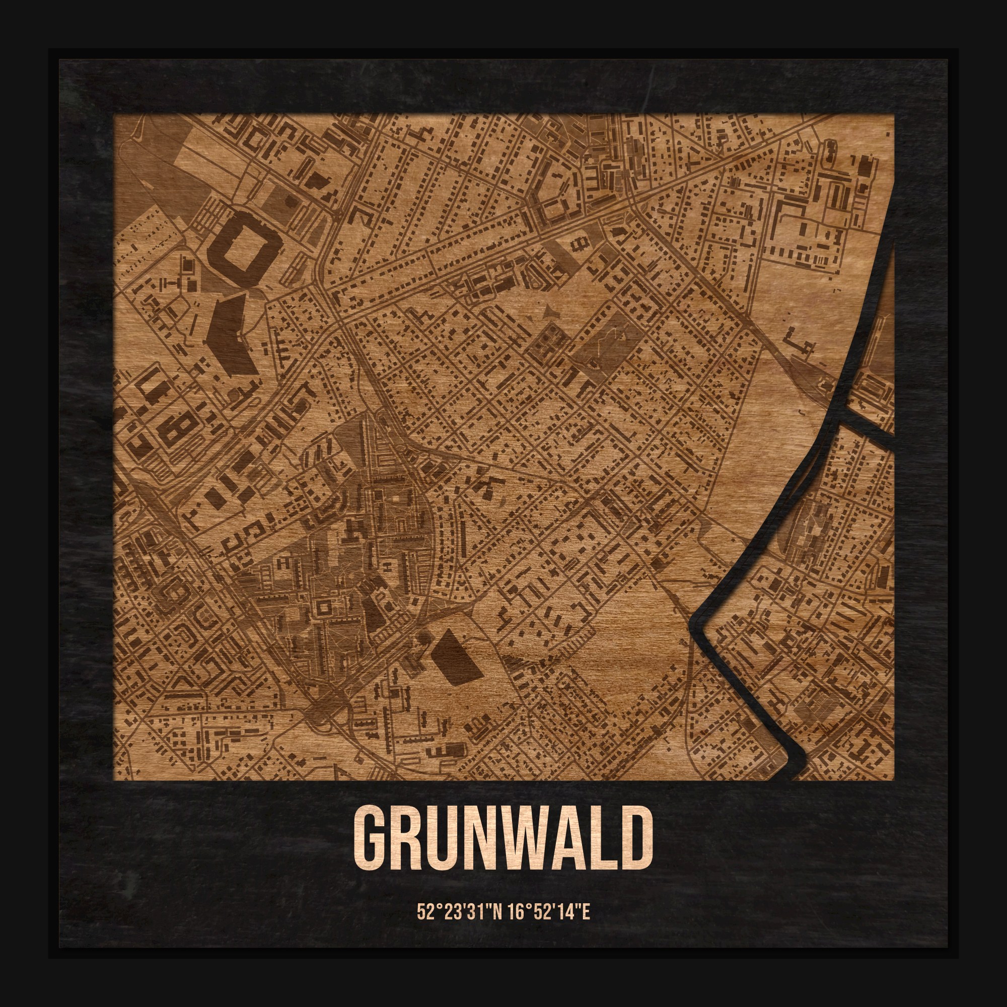 Grunwald (Poznań) - drewniana mapa dzielnicy z siatką ulic w ramce