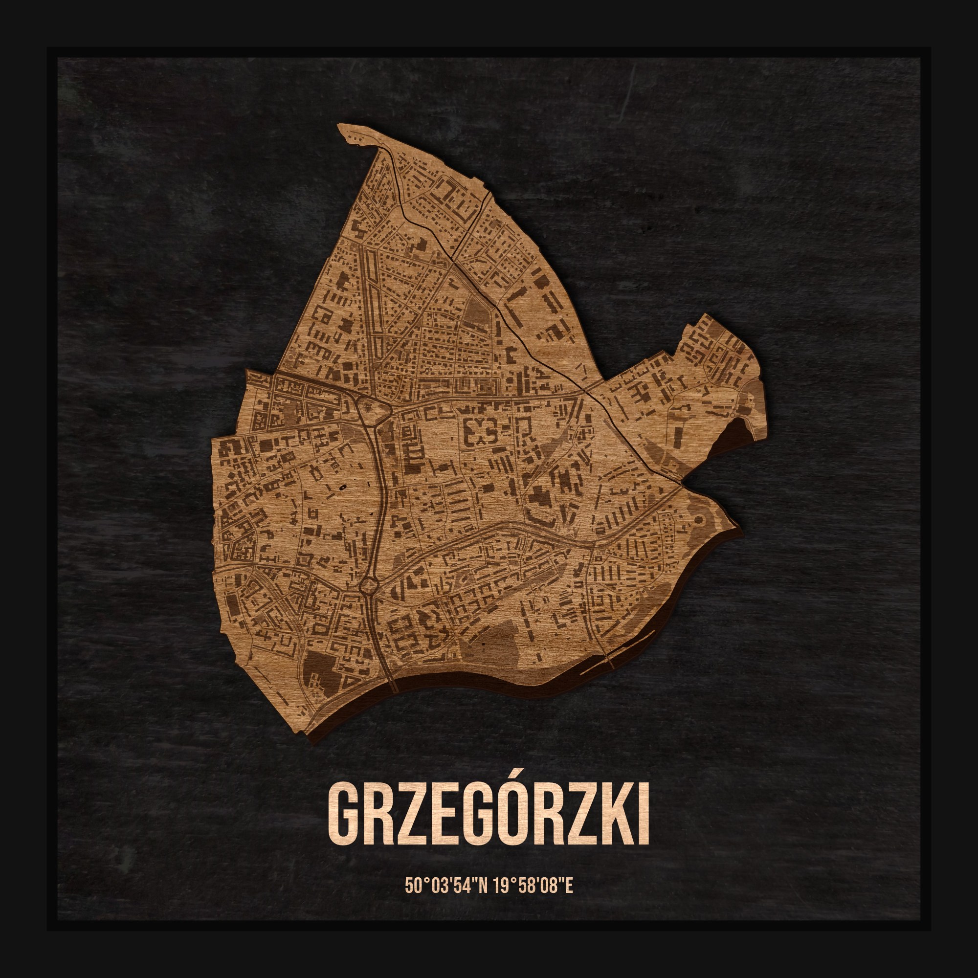 Drewniana mapa dzielnicy Grzegórzki w ramce 25×25: kontur dzielnicy na czarnej płycie, ulice, budynki, zieleń i woda