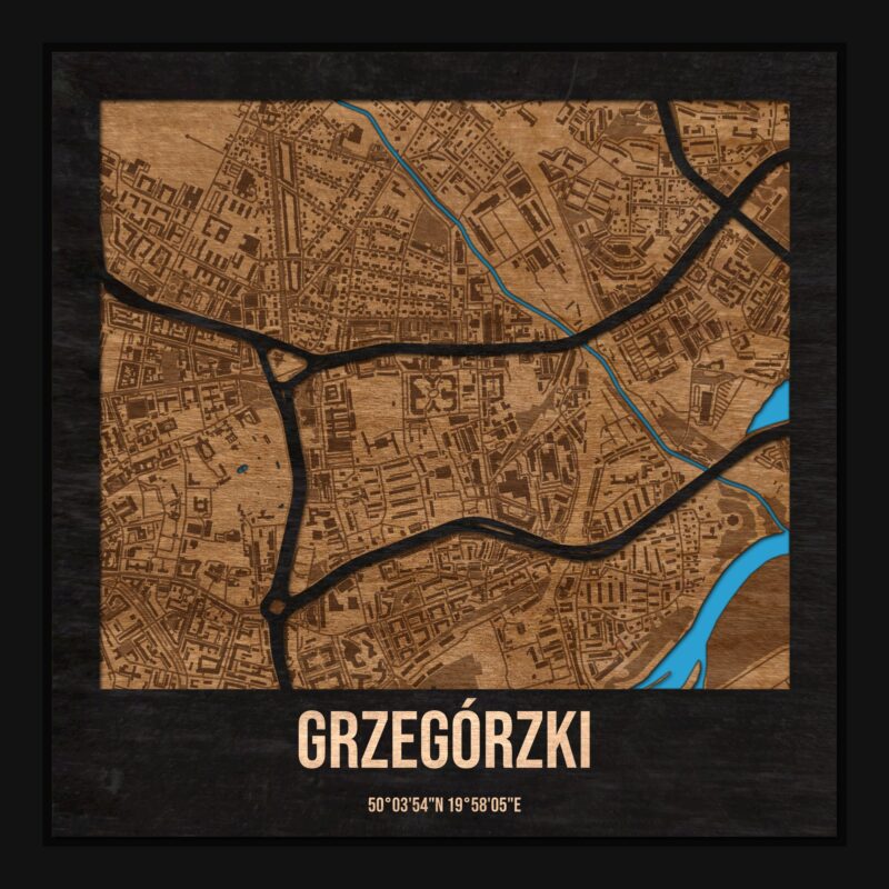 Grzegórzki (Kraków) - drewniana mapa dzielnicy z siatką ulic w ramce