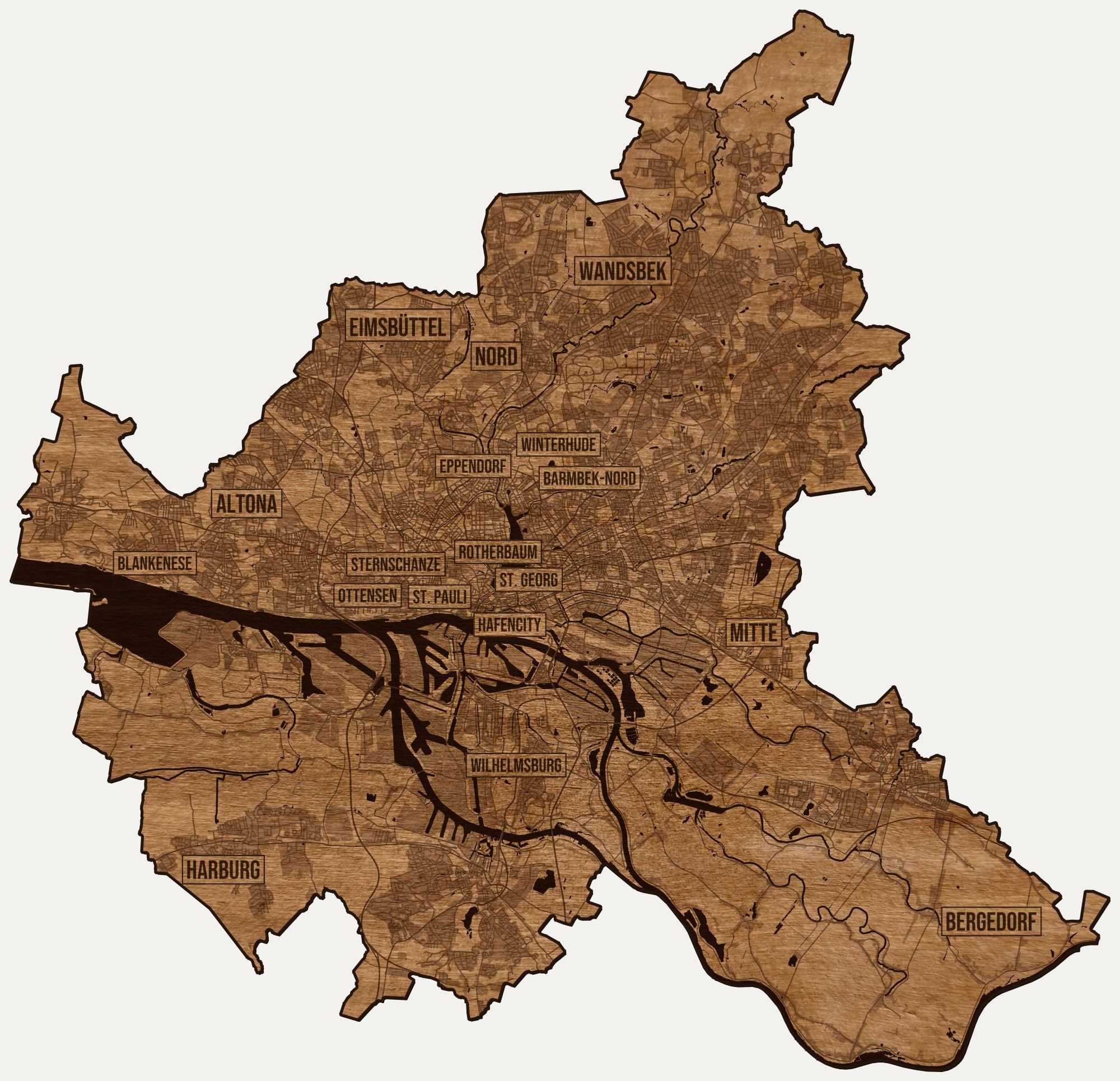 Drewniana mapa Hamburga na ścianę z jednego kawałka, granice dzielnic wygrawerowane