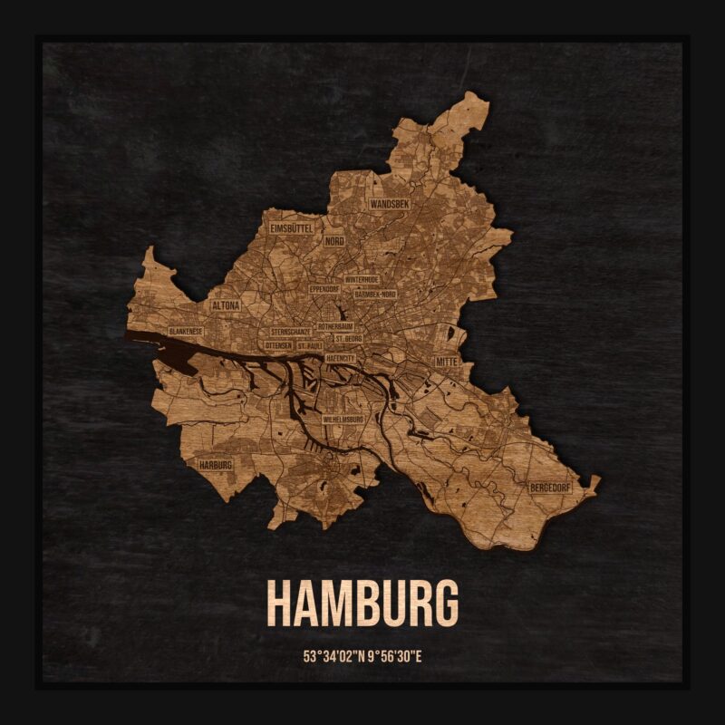 Drewniana mapa Hamburga w ramce 25×25: kontur miasta na czarnej płycie, ulice, zabudowa, rzeki, granice i nazwy dzielnic