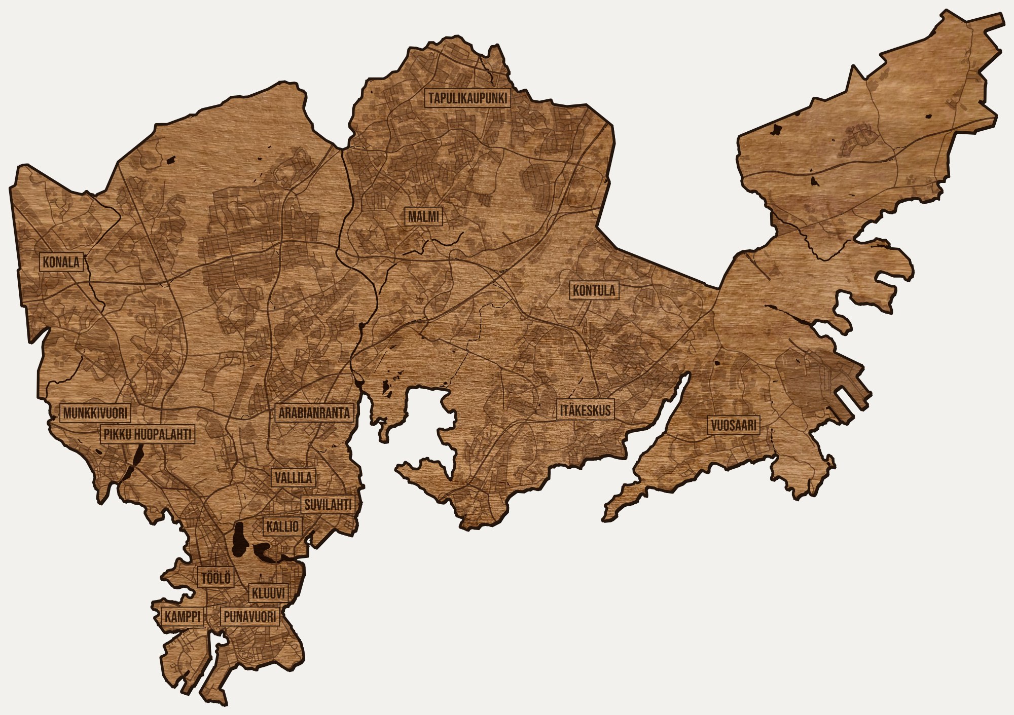 Drewniana mapa Helsinek na ścianę z jednego kawałka, granice dzielnic wygrawerowane