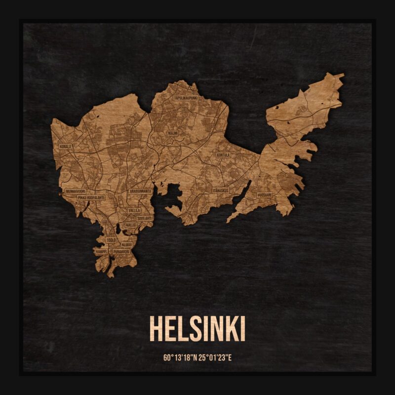 Drewniana mapa Helsinek w ramce 25×25: kontur miasta na czarnej płycie, ulice, zabudowa, rzeki, granice i nazwy dzielnic