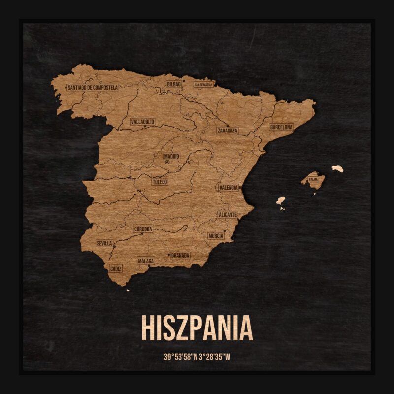 Hiszpania - drewniana mapa kraju w ramce