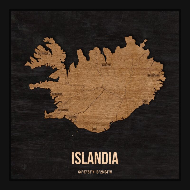 Islandia - drewniana mapa kraju w ramce
