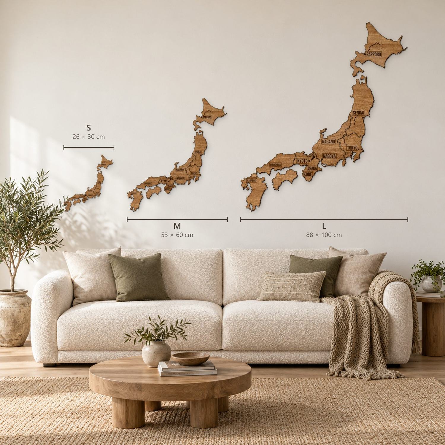 Japonia - porównanie rozmiarów S, M i L na ścianie