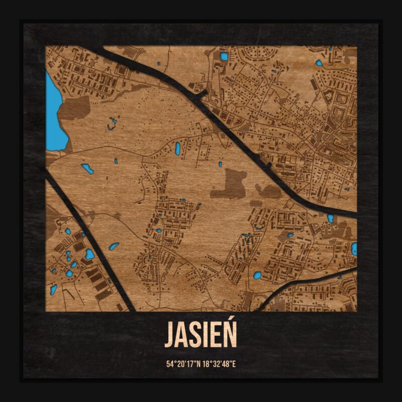 Jasień (Gdańsk) - drewniana mapa dzielnicy z siatką ulic w ramce