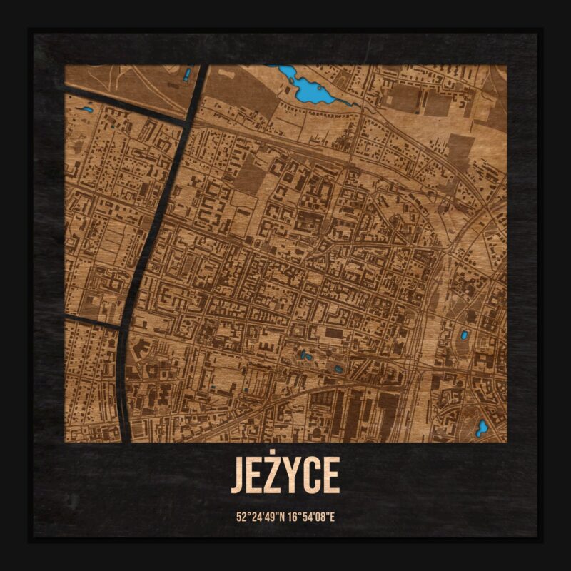 Jeżyce (Poznań) - drewniana mapa dzielnicy z siatką ulic w ramce