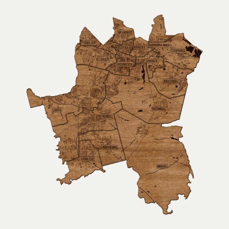 Katowice - drewniana mapa miasta na ścianę