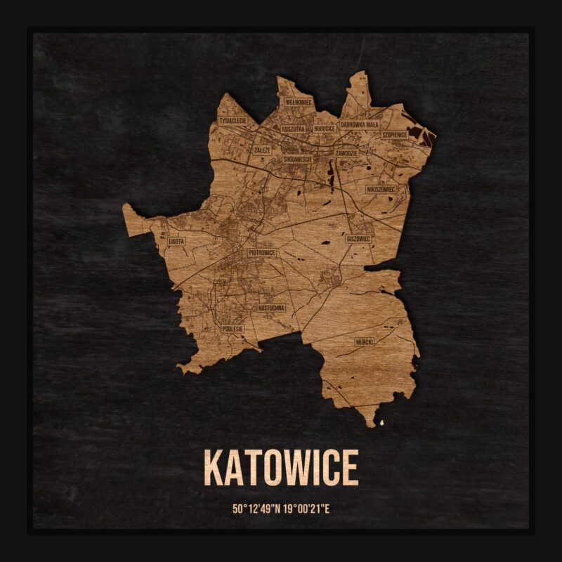 Drewniana mapa Katowic w ramce 25×25: kontur miasta na czarnej płycie, ulice, budynki, rzeki, granice i nazwy dzielnic