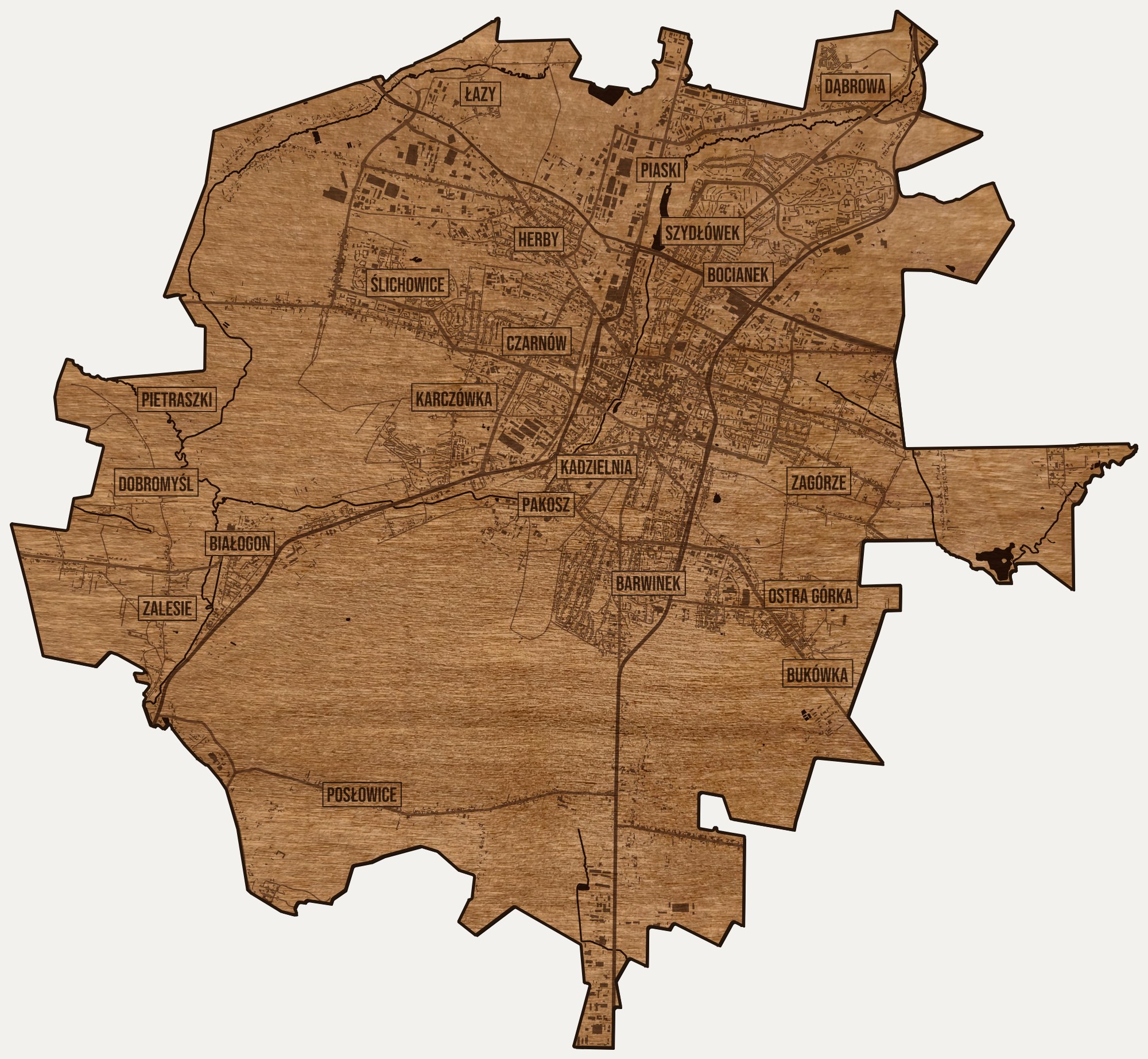 Drewniana mapa Kielc na ścianę z jednego kawałka, granice dzielnic wygrawerowane