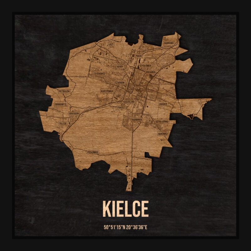 Drewniana mapa Kielc w ramce 25×25: kontur miasta na czarnej płycie, ulice, budynki, rzeki, granice i nazwy dzielnic