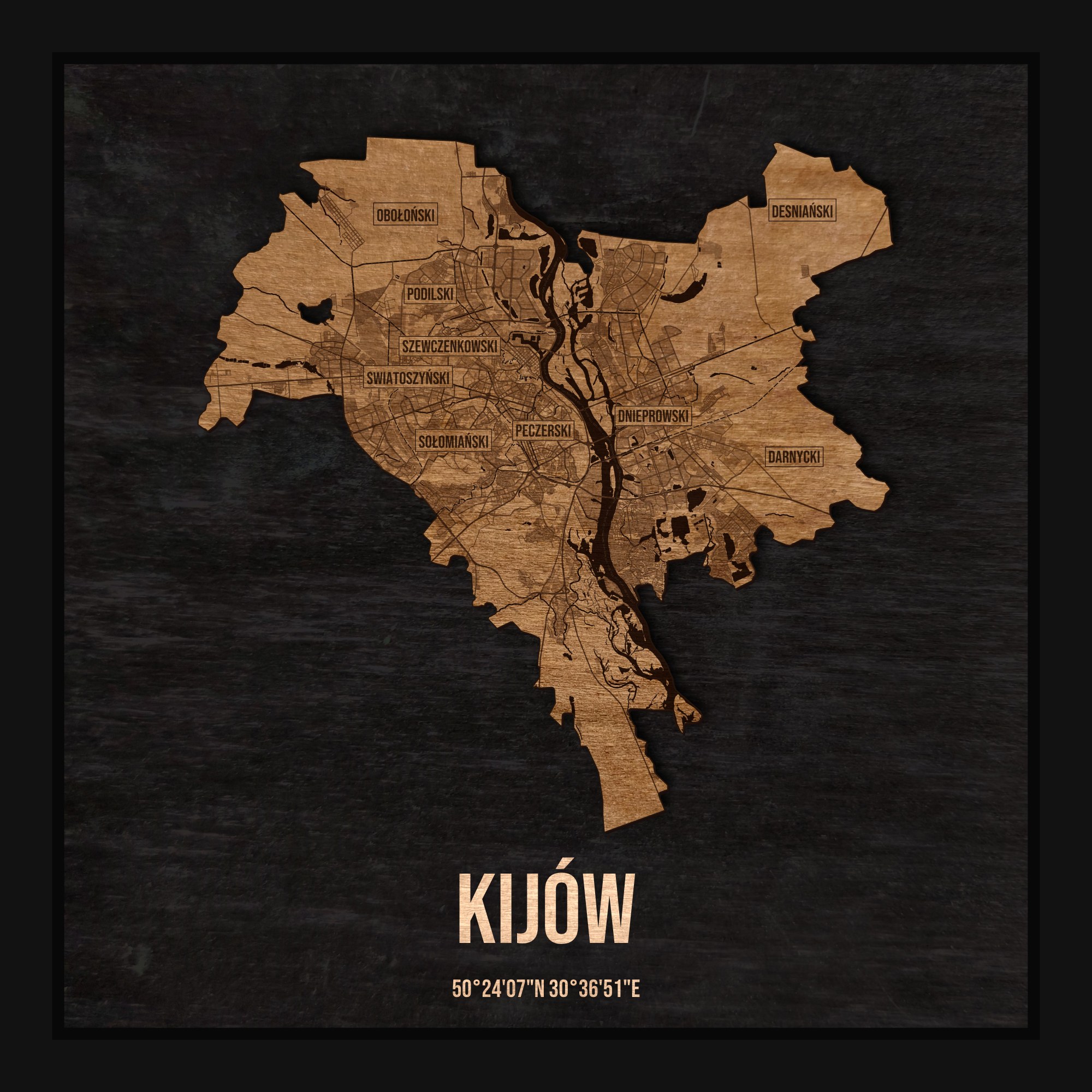 Drewniana mapa Kijowa w ramce 25×25: kontur miasta na czarnej płycie, ulice, zabudowa, rzeki, granice i nazwy dzielnic
