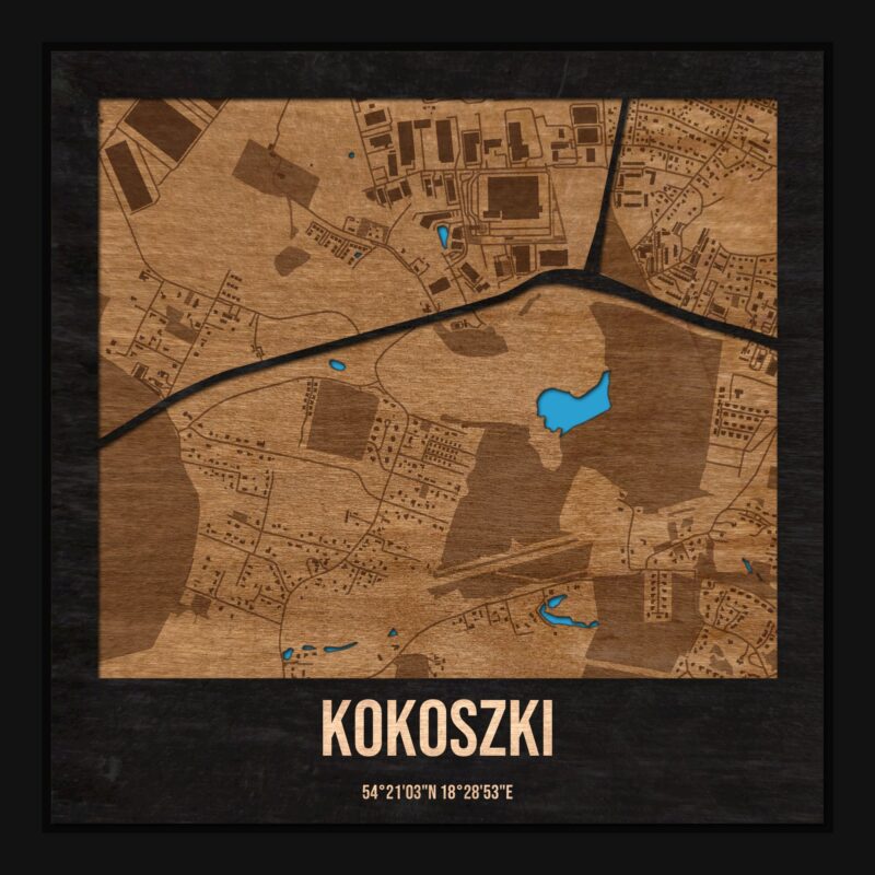 Kokoszki (Gdańsk) - drewniana mapa dzielnicy z siatką ulic w ramce