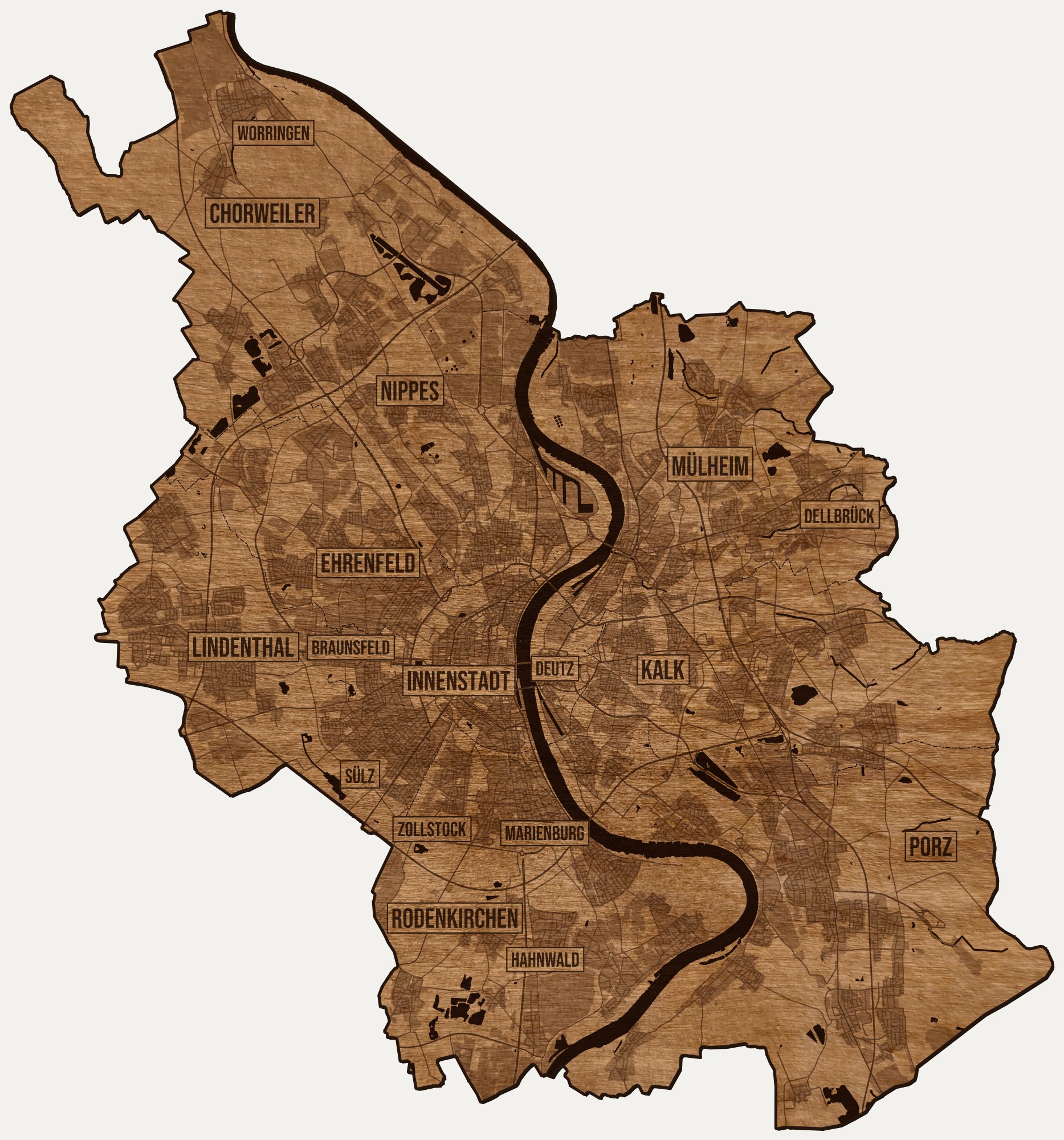 Drewniana mapa Kolonii na ścianę z jednego kawałka, granice dzielnic wygrawerowane
