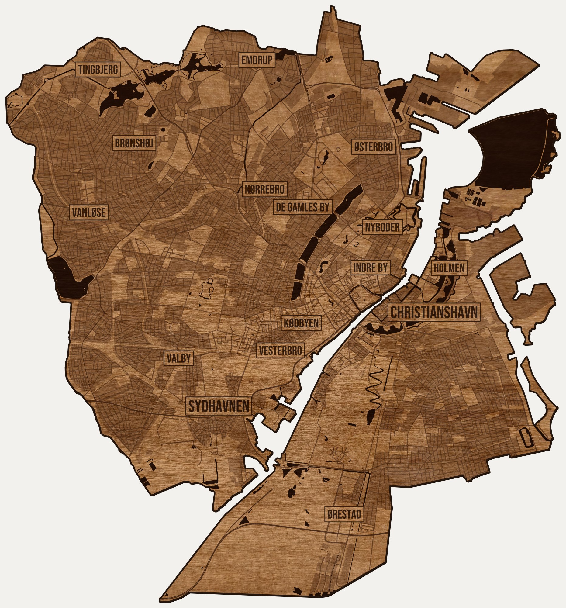 Drewniana mapa Kopenhagi na ścianę z jednego kawałka, granice dzielnic wygrawerowane