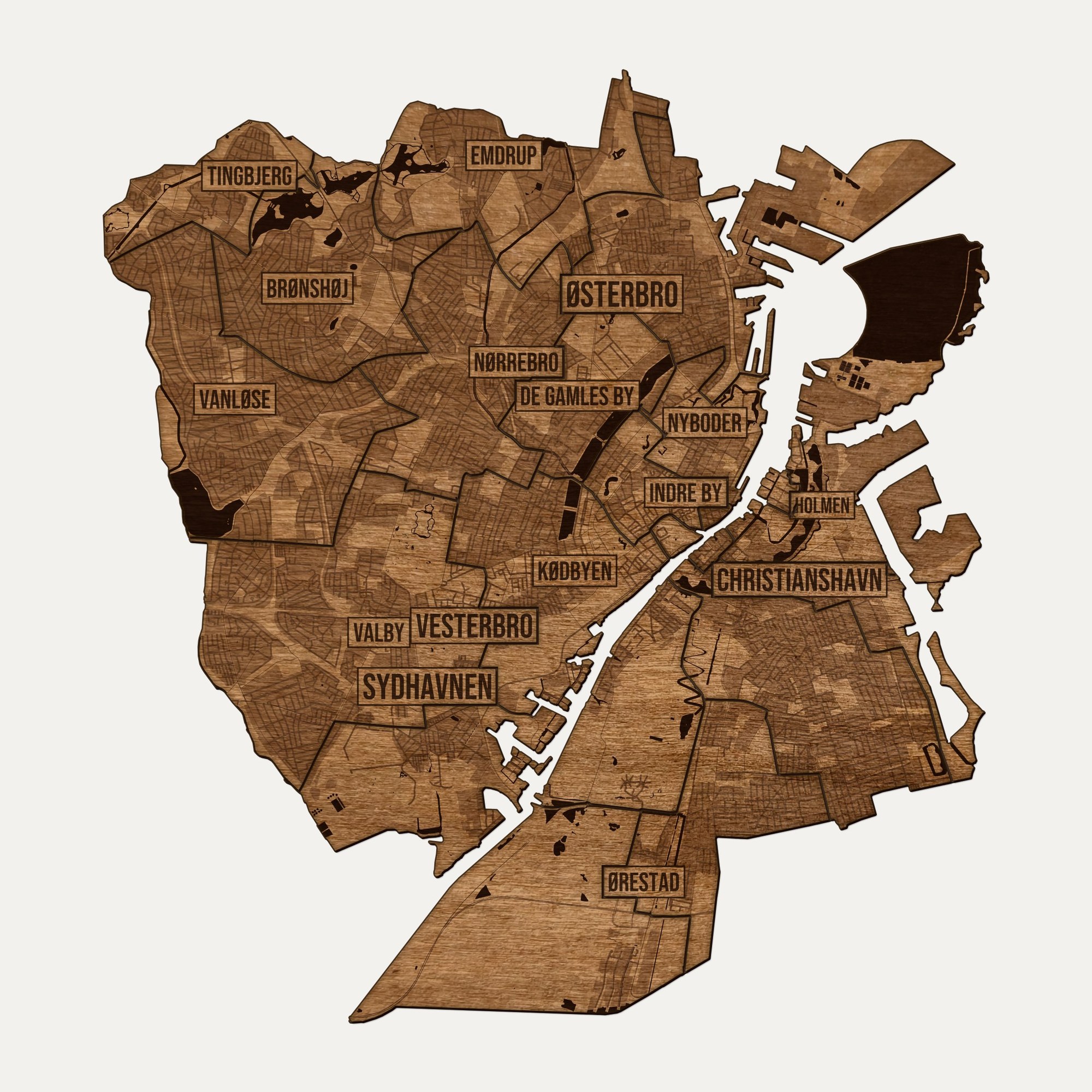 Kopenhaga - drewniana mapa miasta na ścianę