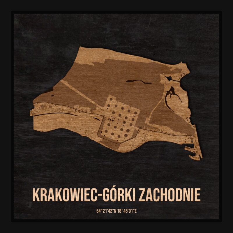 Drewniana mapa dzielnicy Krakowiec-Górki Zachodnie w ramce 25×25: kontur dzielnicy na czarnej płycie, ulice, budynki, zieleń i woda