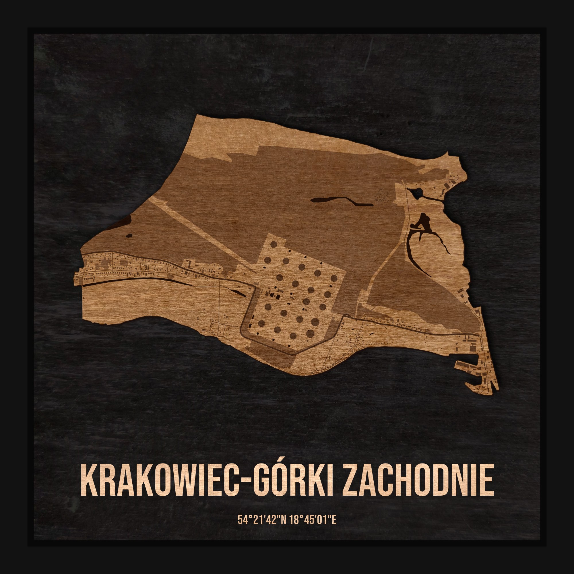 Drewniana mapa dzielnicy Krakowiec-Górki Zachodnie w ramce 25×25: kontur dzielnicy na czarnej płycie, ulice, budynki, zieleń i woda