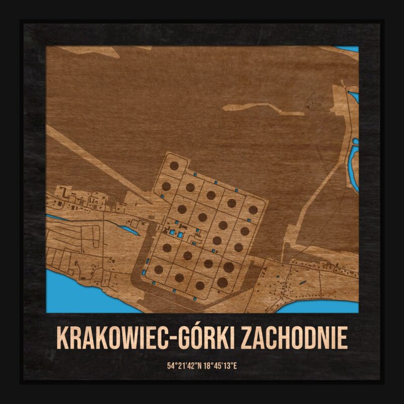 Krakowiec-Górki Zachodnie (Gdańsk) - drewniana mapa dzielnicy z siatką ulic w ramce