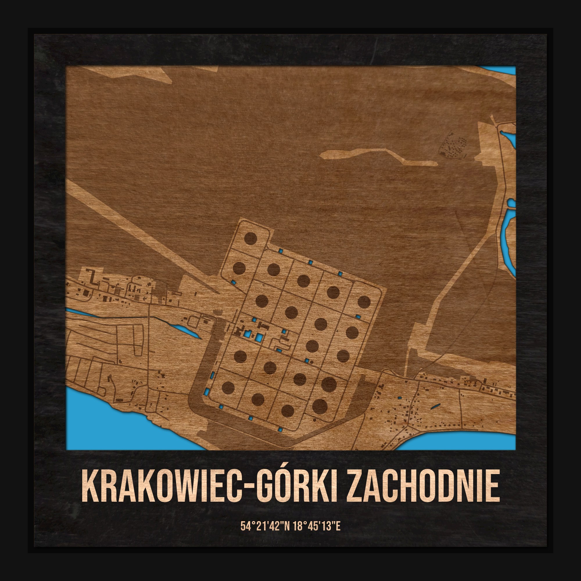 Krakowiec-Górki Zachodnie (Gdańsk) - drewniana mapa dzielnicy z siatką ulic w ramce