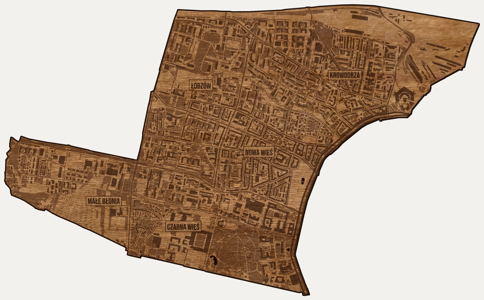 Drewniana mapa dzielnicy Krowodrza (Kraków) na ścianę z jednego kawałka, granice osiedli wygrawerowane