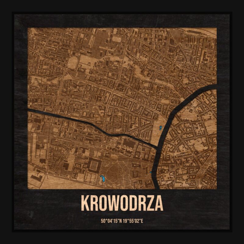 Krowodrza (Kraków) - drewniana mapa dzielnicy z siatką ulic w ramce
