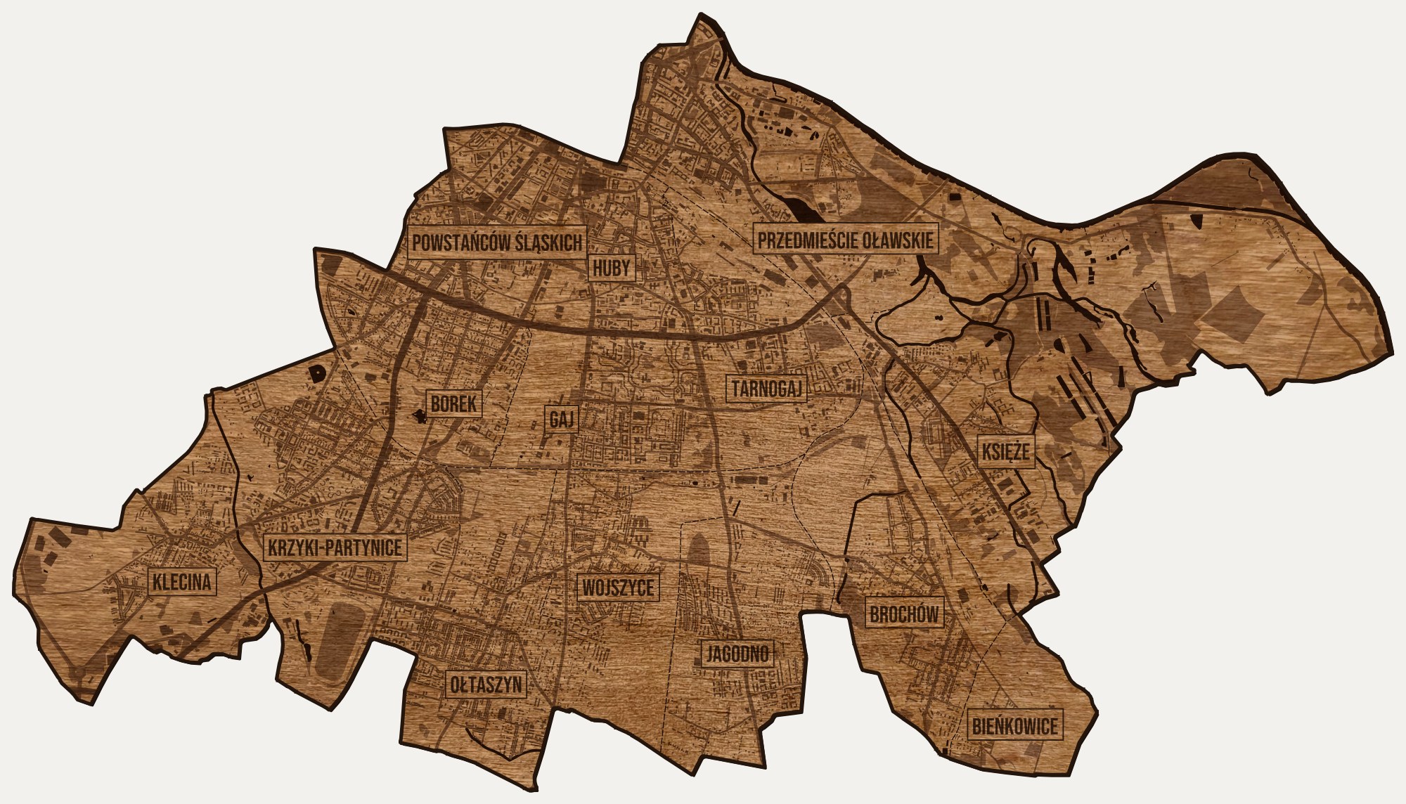 Drewniana mapa dzielnicy Krzyki (Wrocław) na ścianę z jednego kawałka, granice osiedli wygrawerowane