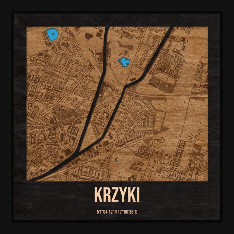 Krzyki (Wrocław) - drewniana mapa dzielnicy z siatką ulic w ramce