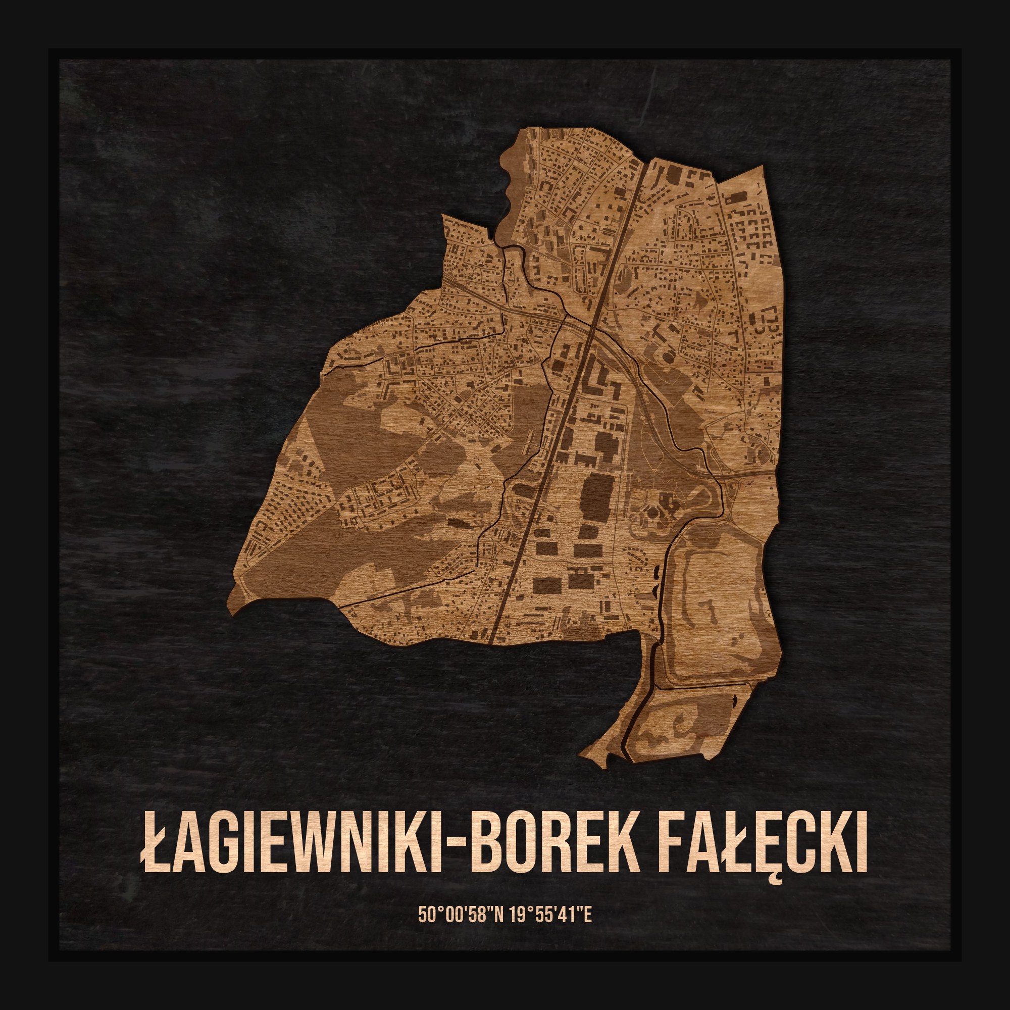 Drewniana mapa dzielnicy Łagiewniki-Borek Fałęcki w ramce 25×25: kontur dzielnicy na czarnej płycie, ulice, budynki, zieleń i woda