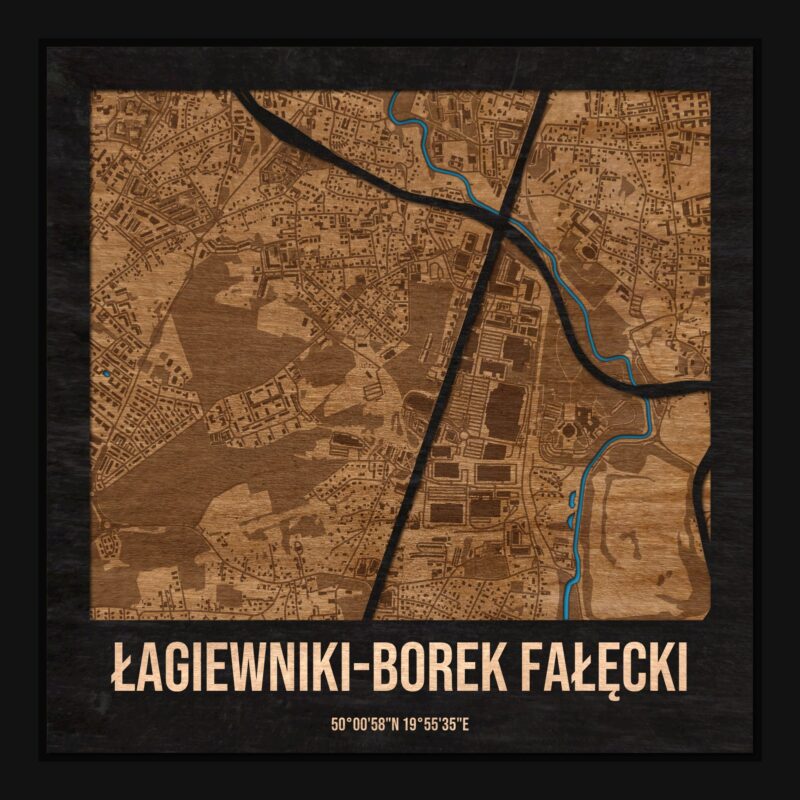 Łagiewniki-Borek Fałęcki (Kraków) - drewniana mapa dzielnicy z siatką ulic w ramce