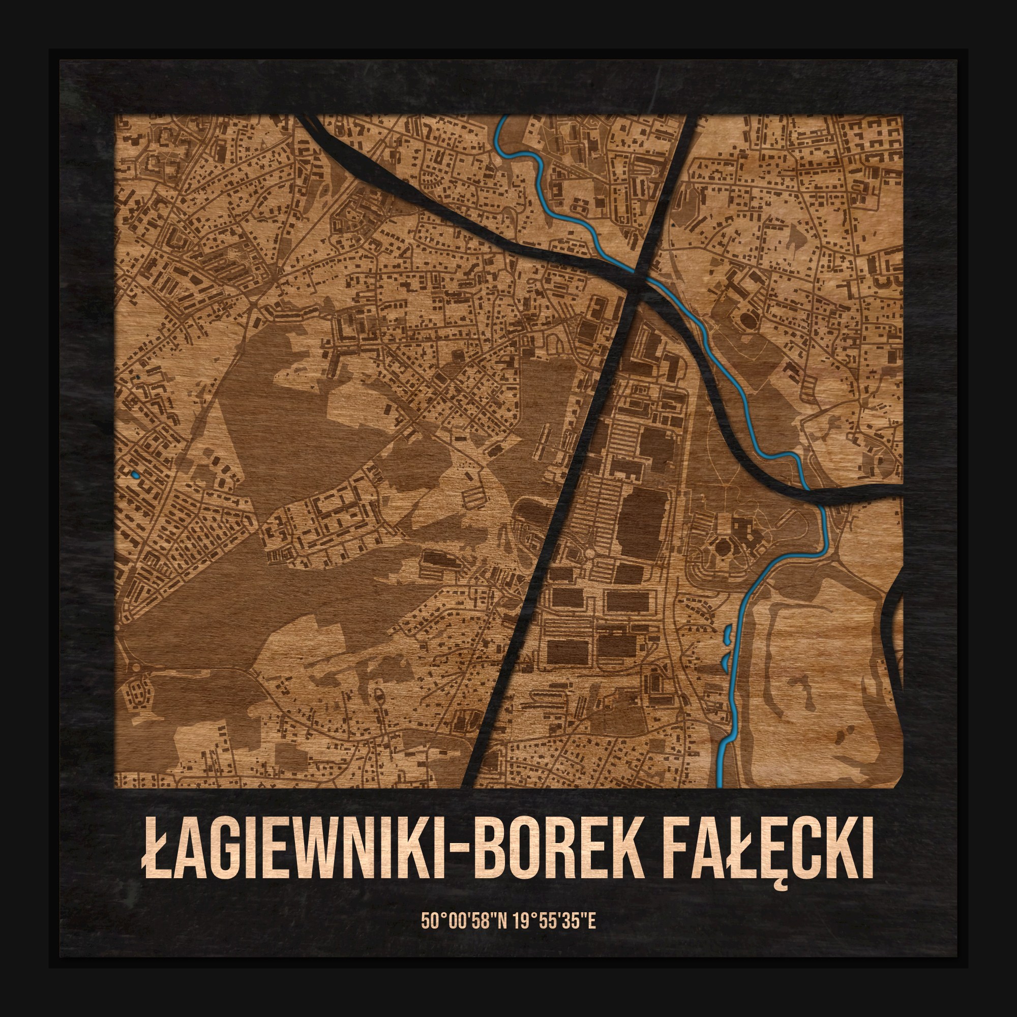 Łagiewniki-Borek Fałęcki (Kraków) - drewniana mapa dzielnicy z siatką ulic w ramce