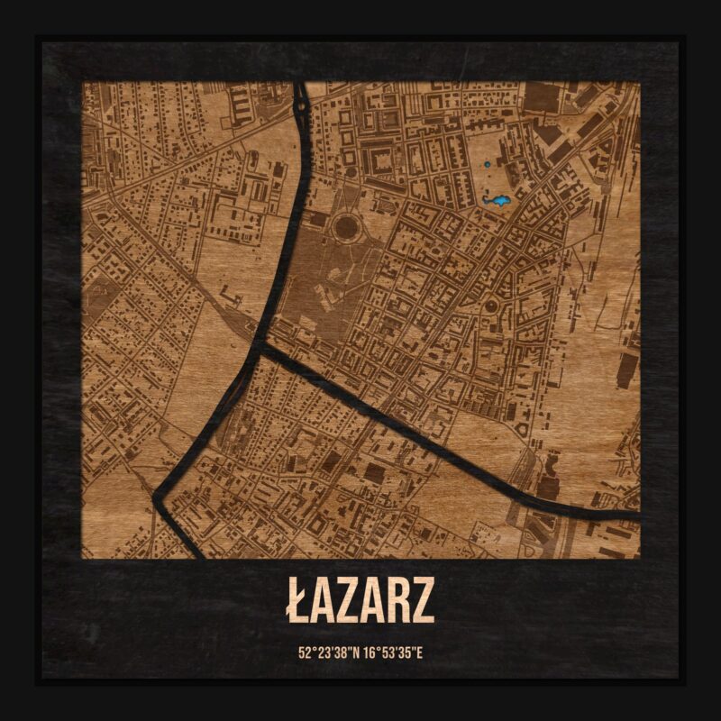 Łazarz (Poznań) - drewniana mapa dzielnicy z siatką ulic w ramce