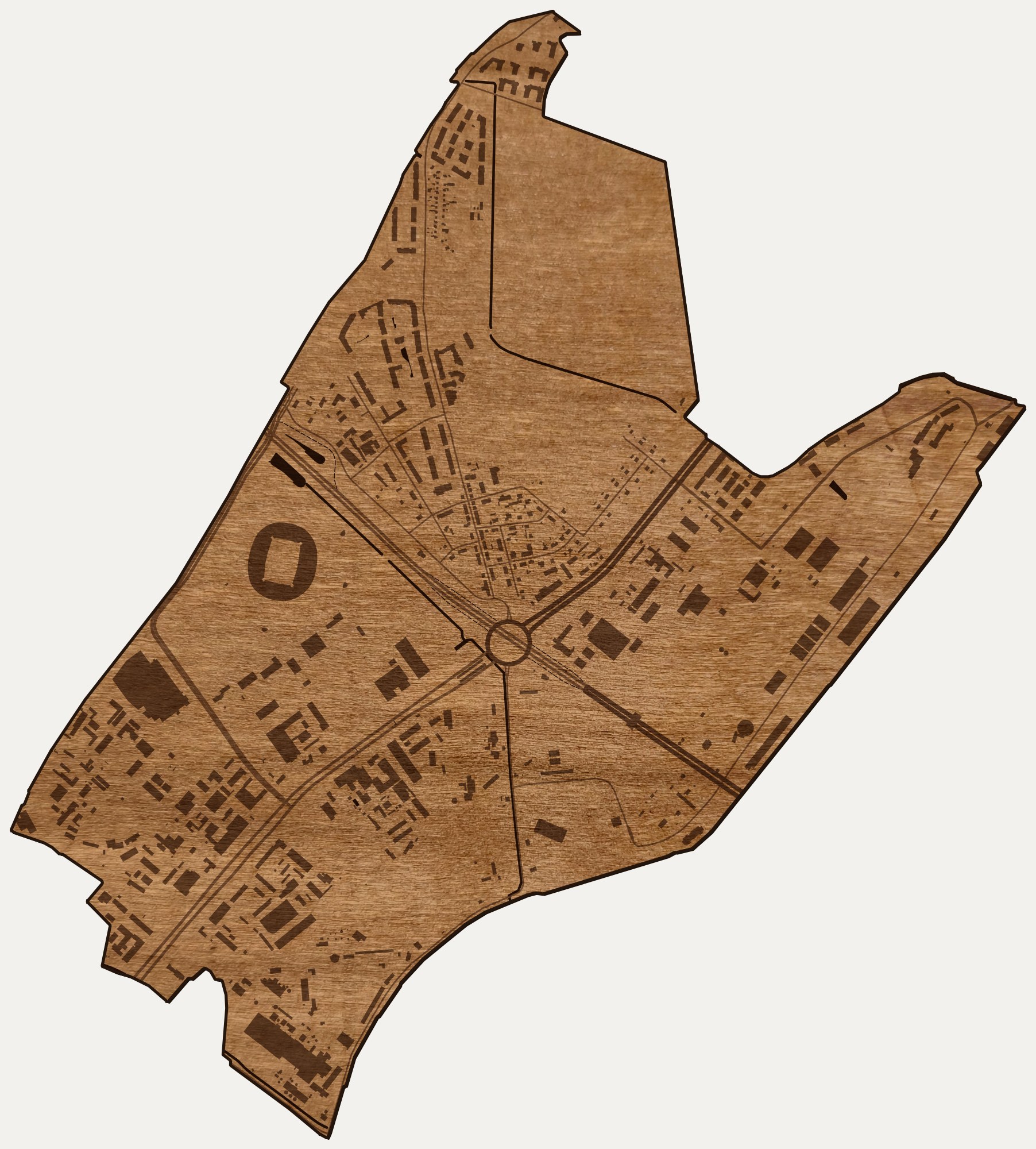 Drewniana mapa dzielnicy Letnica (Gdańsk) na ścianę z jednego kawałka, granice osiedli wygrawerowane