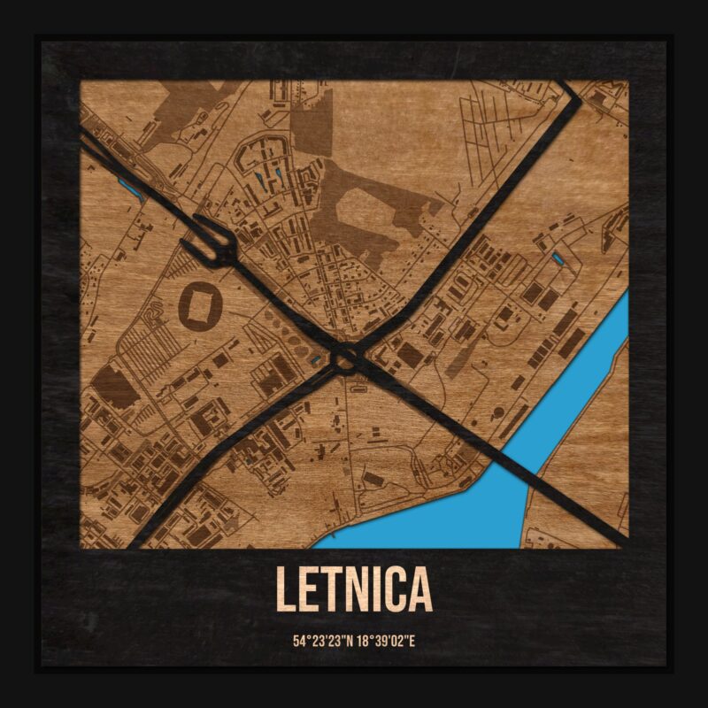 Letnica (Gdańsk) - drewniana mapa dzielnicy z siatką ulic w ramce