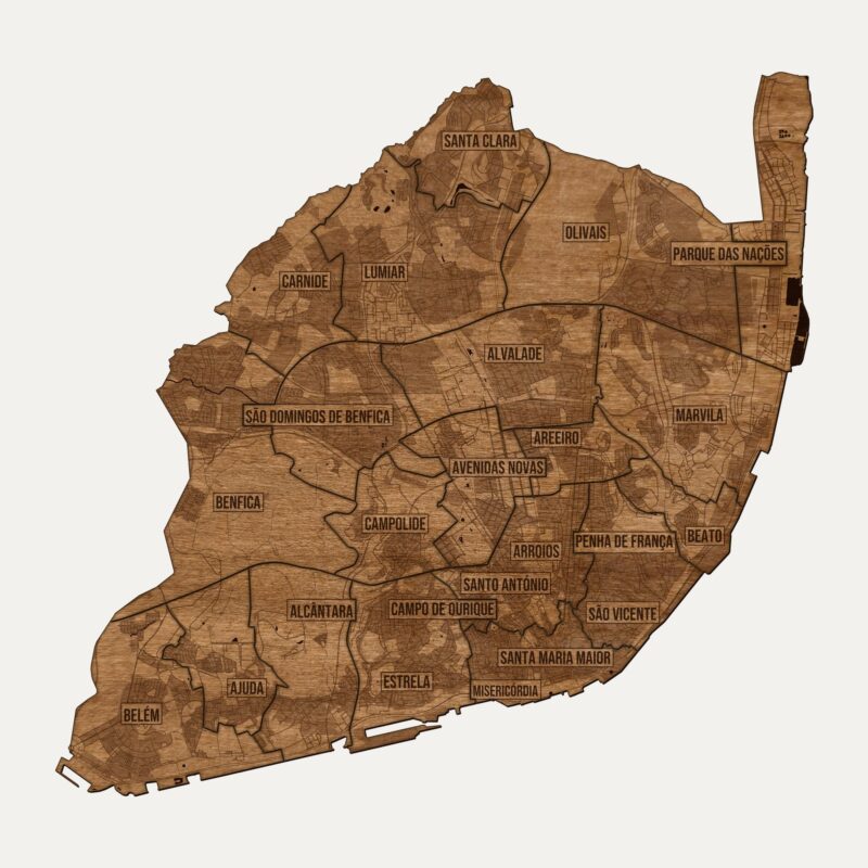 Lizbona - drewniana mapa miasta na ścianę