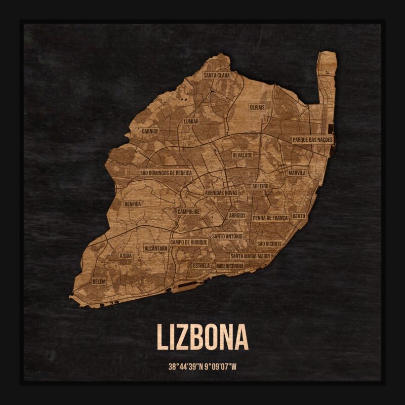 Lizbona - drewniana mapa miasta w ramce