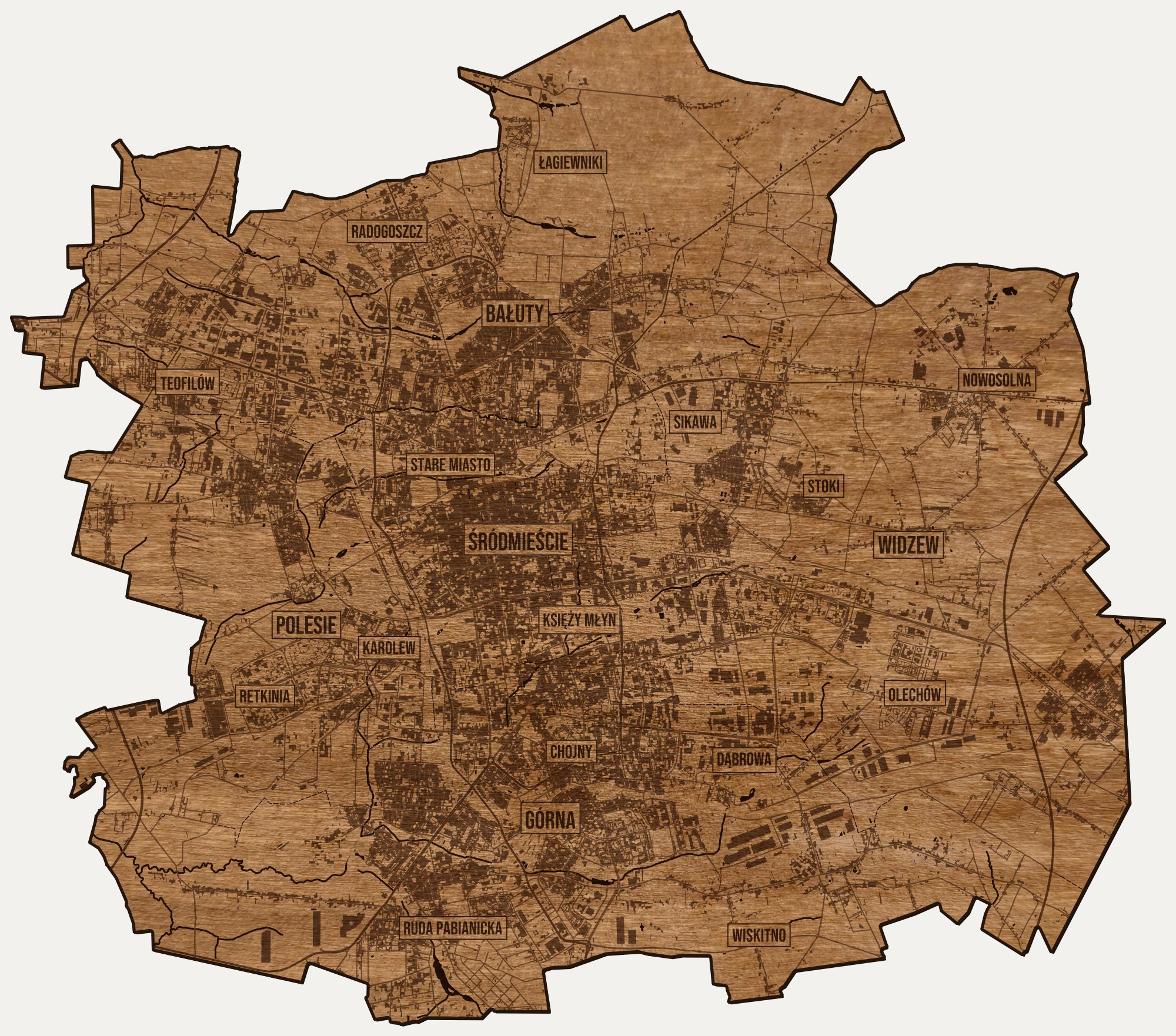 Drewniana mapa Łodzi na ścianę z jednego kawałka, granice dzielnic wygrawerowane