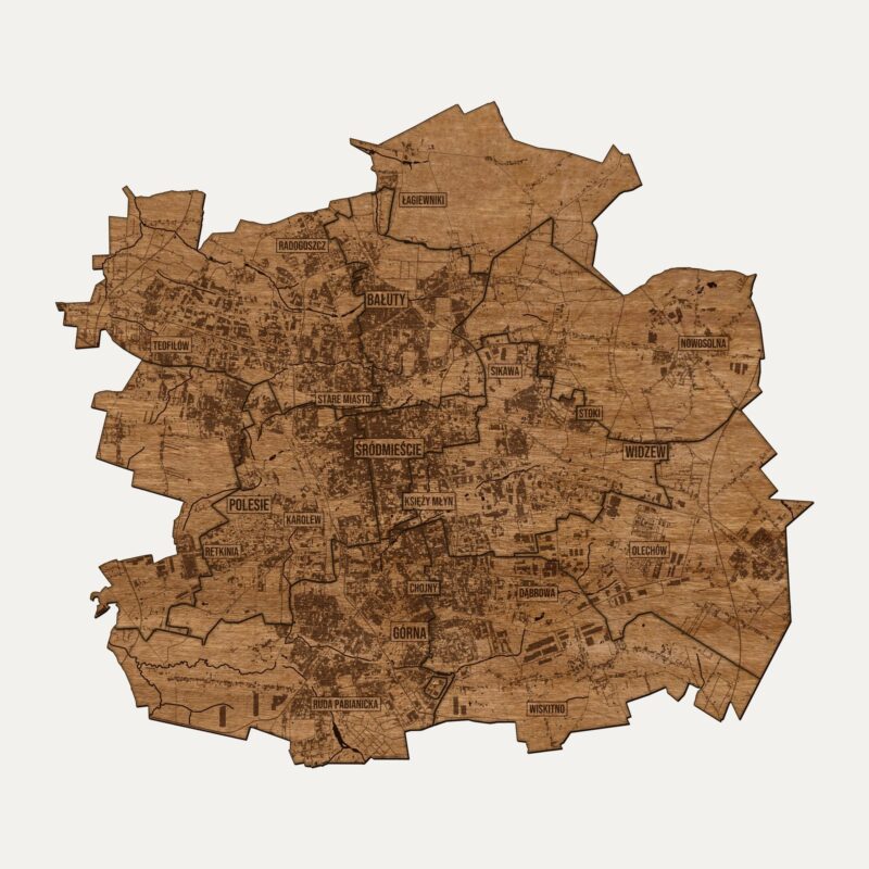 Łódź - drewniana mapa miasta na ścianę
