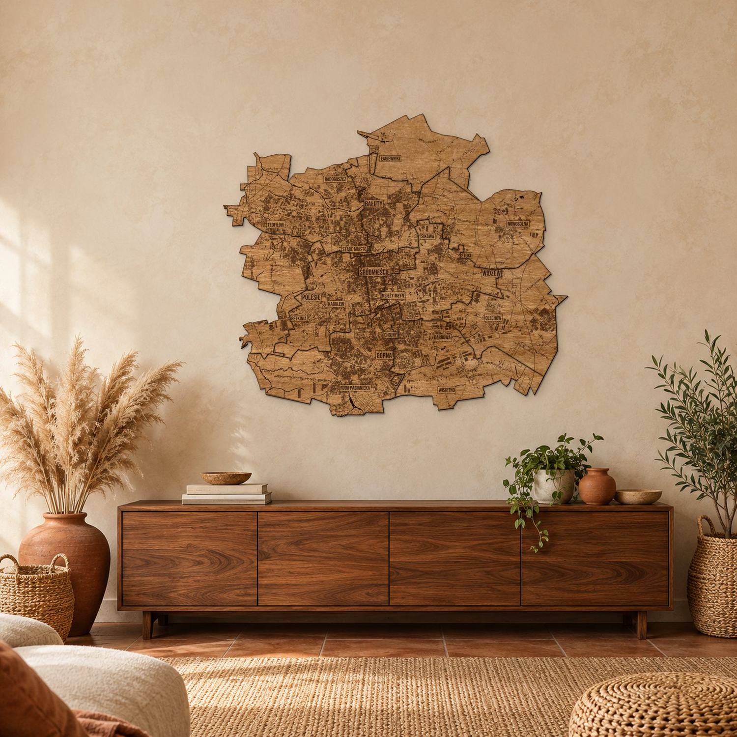 Łódź - mapa na ścianę w rozmiarze L (100 cm) nad komodą