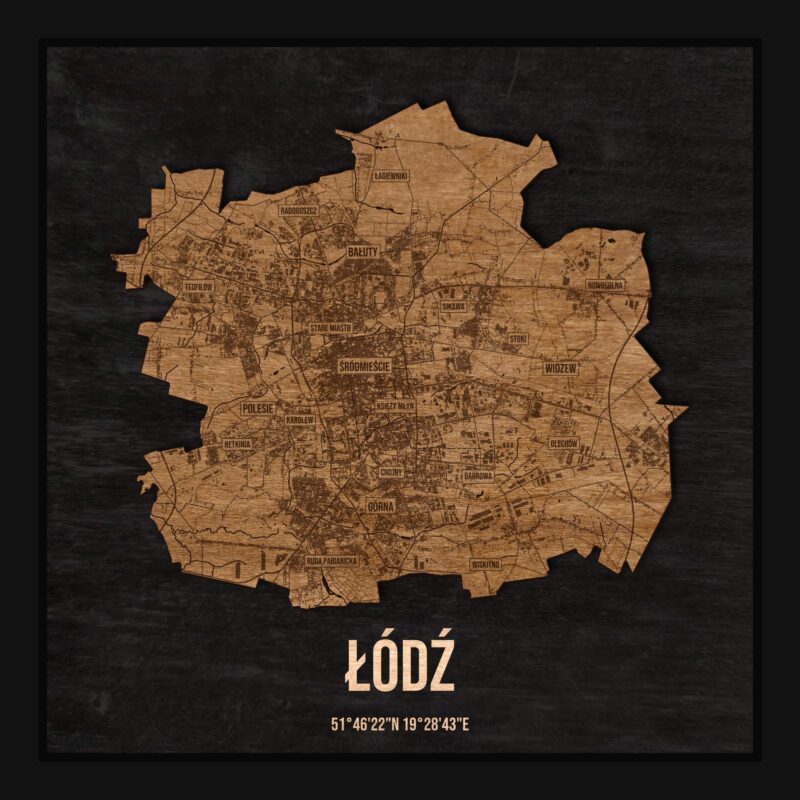 Łódź - drewniana mapa miasta w ramce