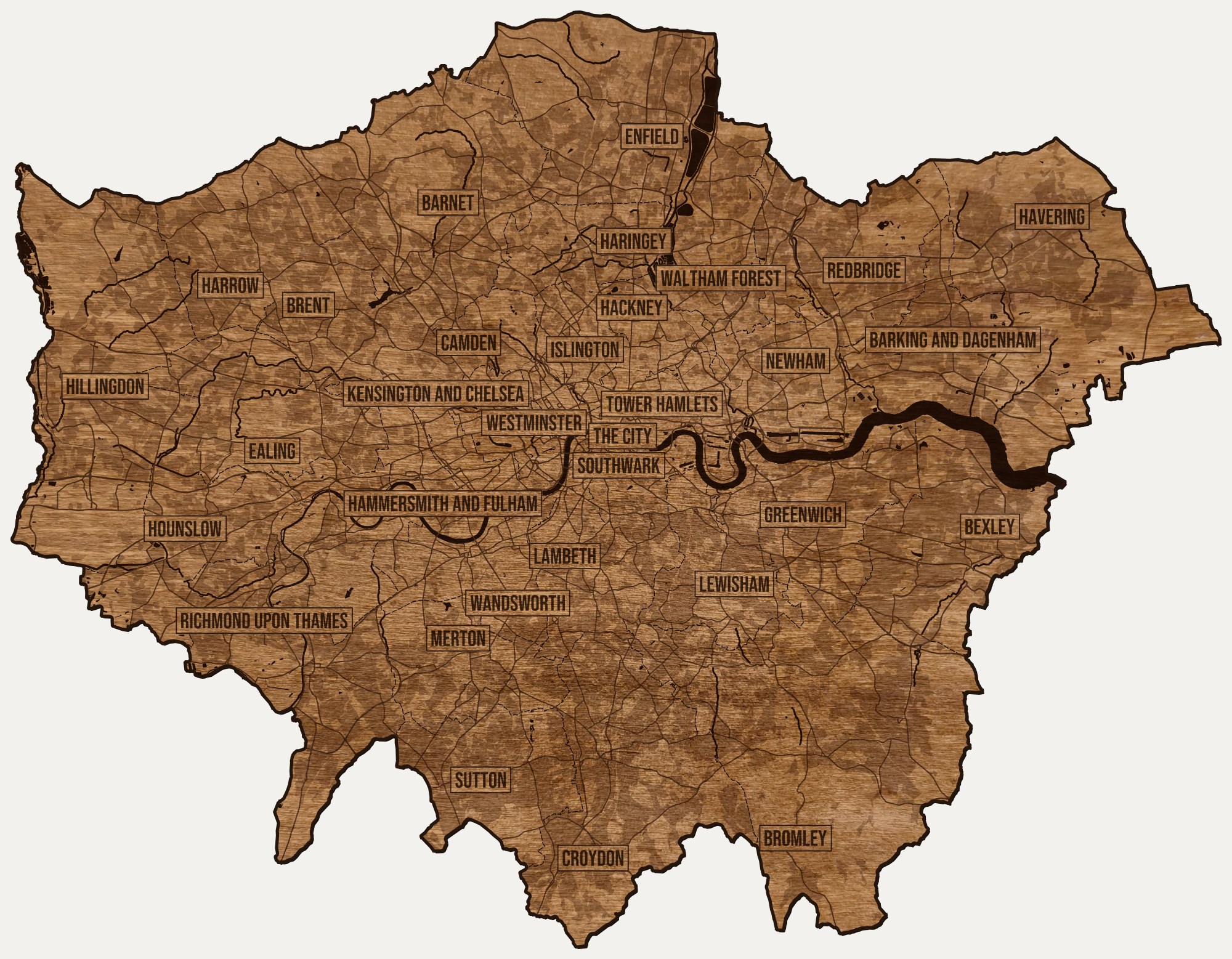 Drewniana mapa Londynu na ścianę z jednego kawałka, granice dzielnic wygrawerowane