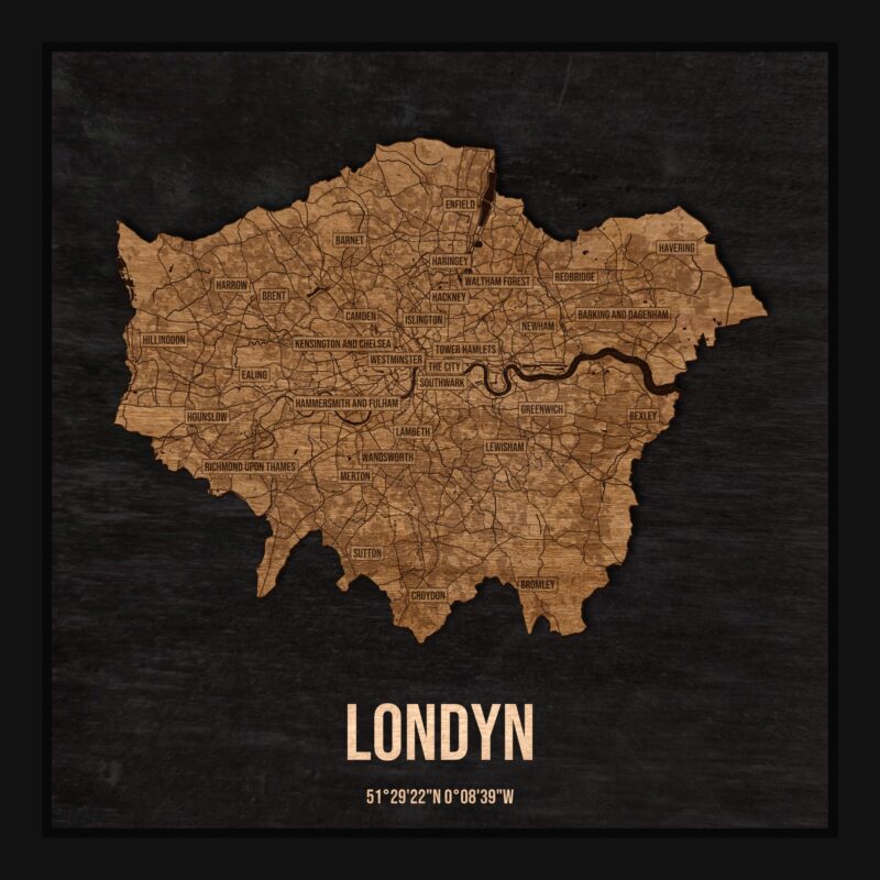 Londyn - drewniana mapa miasta w ramce