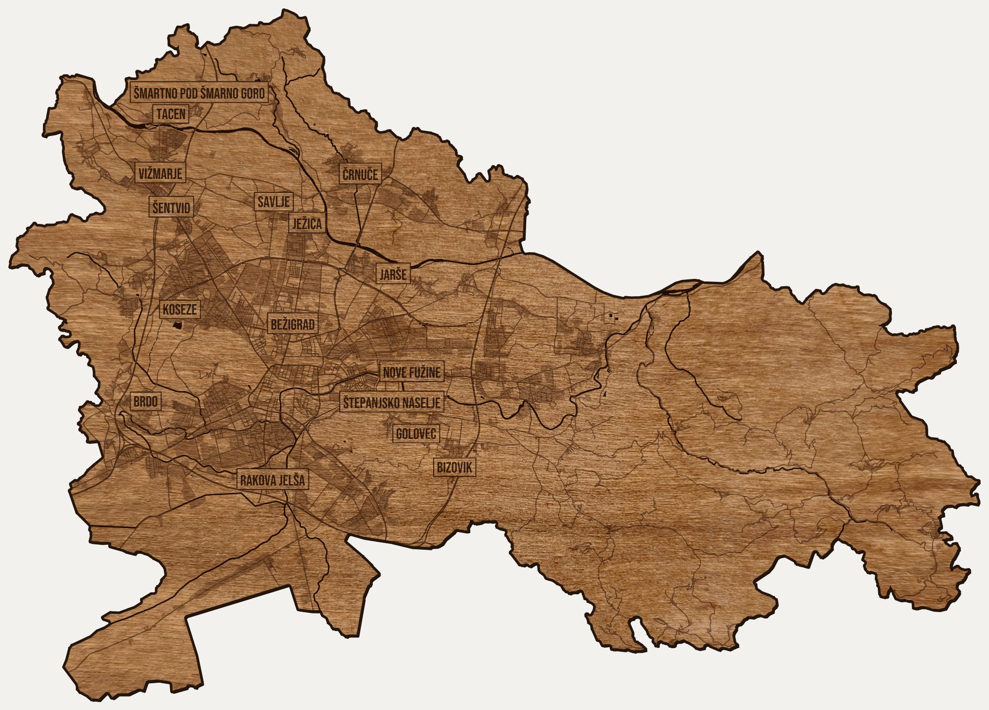 Drewniana mapa Lublany na ścianę z jednego kawałka, granice dzielnic wygrawerowane