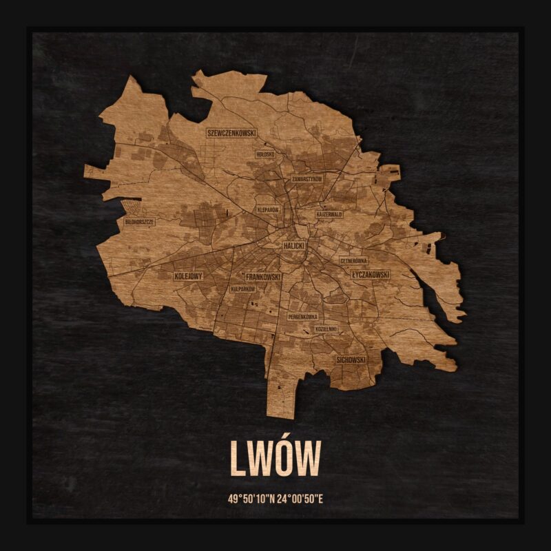 Drewniana mapa Lwowa w ramce 25×25: kontur miasta na czarnej płycie, ulice, zabudowa, rzeki, granice i nazwy dzielnic
