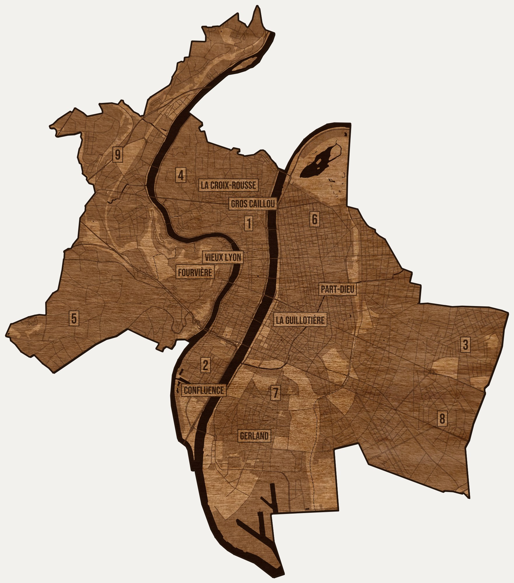 Drewniana mapa Lyonu na ścianę z jednego kawałka, granice dzielnic wygrawerowane