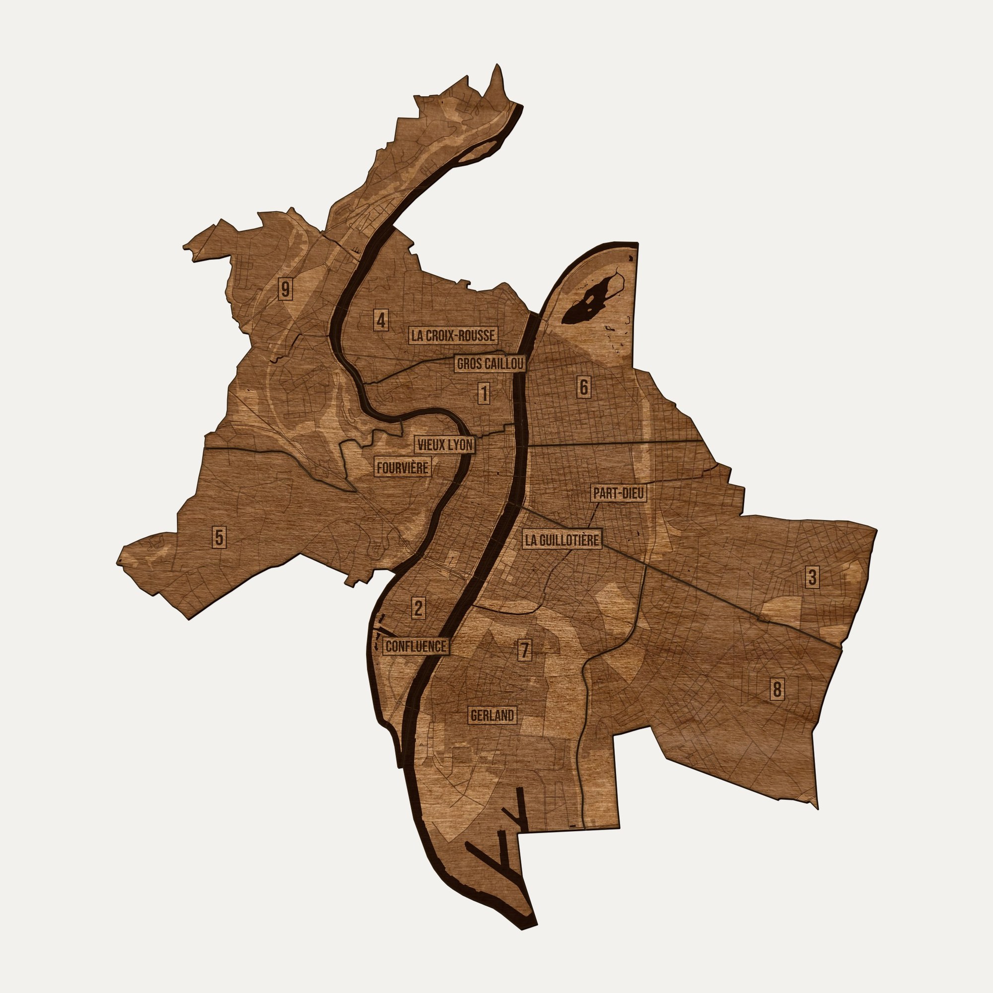 Lyon - drewniana mapa miasta na ścianę