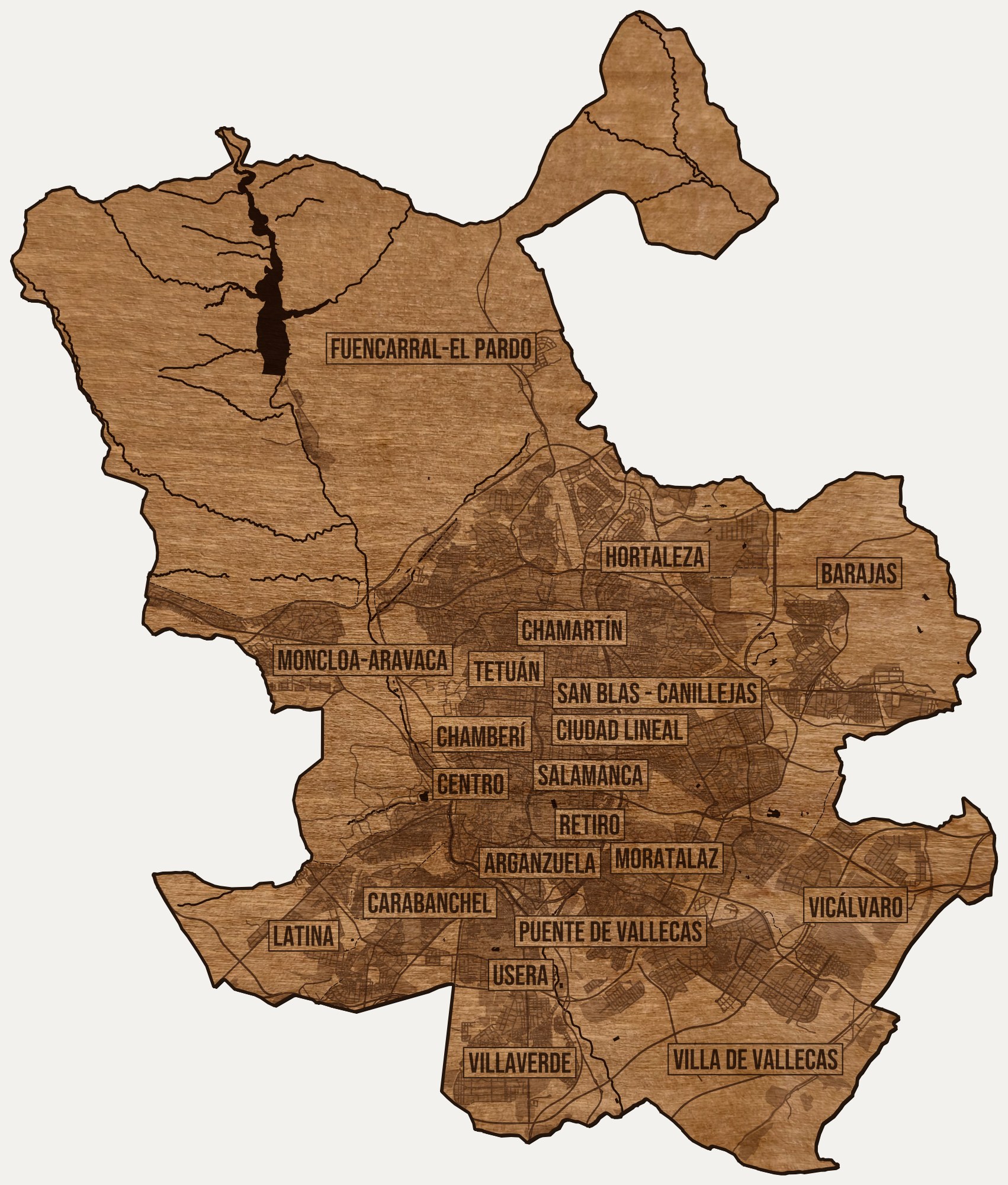 Drewniana mapa Madrytu na ścianę z jednego kawałka, granice dzielnic wygrawerowane