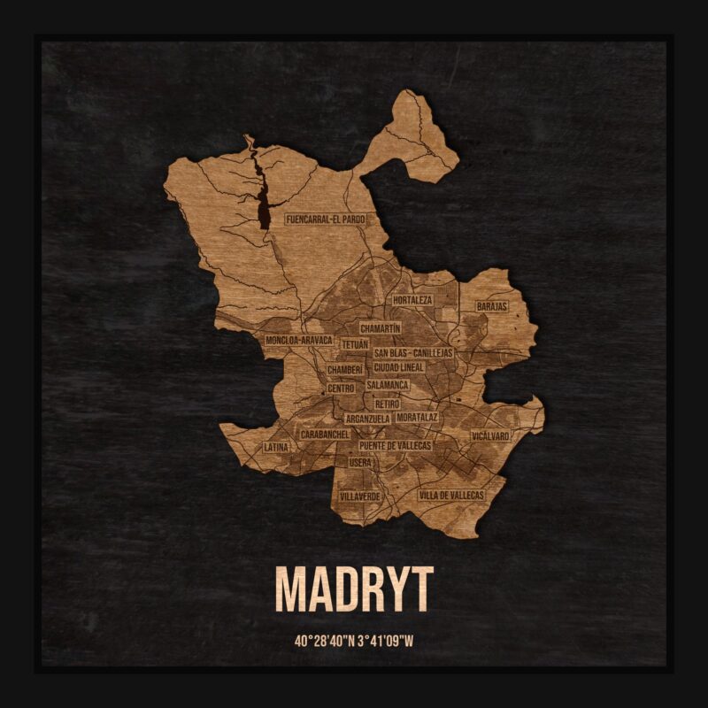 Drewniana mapa Madrytu w ramce 25×25: kontur miasta na czarnej płycie, ulice, zabudowa, rzeki, granice i nazwy dzielnic