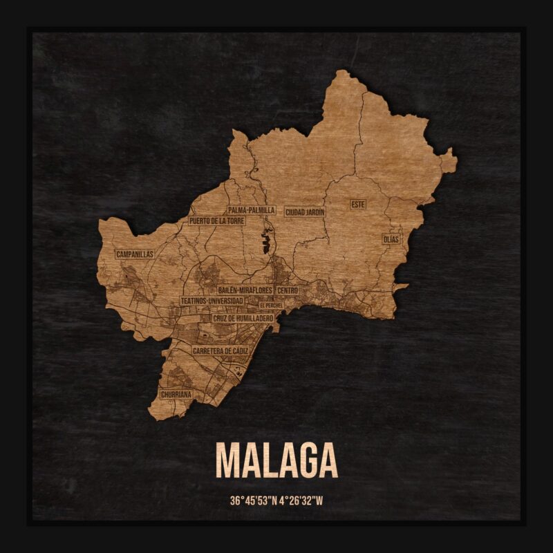 Drewniana mapa Malagi w ramce 25×25: kontur miasta na czarnej płycie, ulice, zabudowa, rzeki, granice i nazwy dzielnic